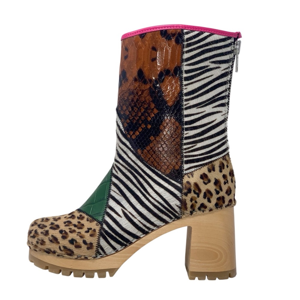 Swedish Hasbeens Multicolor Patchwork Animal Print Leather Heeled Boots